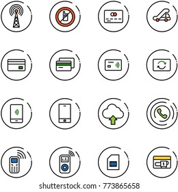 line vector icon set - antenna vector, no mobile sign, credit card, trap truck, tap pay, exchange, payment, phone, upload cloud, horn, music player, sim, generator
