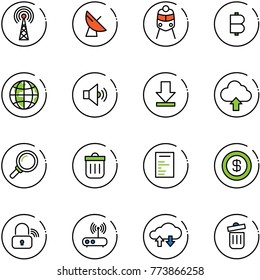 line vector icon set - antenna vector, satellite, train, bitcoin, globe, volume medium, download, upload cloud, magnifier, trash bin, document, dollar, wireless lock, wi fi router, exchange data