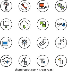 line vector icon set - antenna vector, phone, netabook connect, gear, network folder, download cloud, puzzle, information exchange, notebook wi fi, usb, router, data, satellite, no signal, allen key