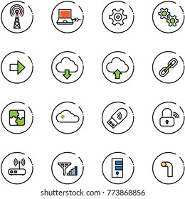 line vector icon set - antenna vector, netabook connect, gear, right arrow, download cloud, upload, link, puzzle, usb wi fi, wireless lock, router, fine signal, server, allen key