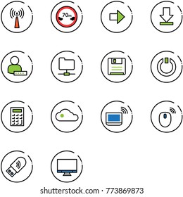 line vector icon set - antenna vector, limited distance road sign, right arrow, download, user password, network folder, save, standby, calculator, cloud, notebook wi fi, mouse wireless, usb