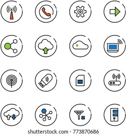 line vector icon set - antenna vector, phone, gear, right arrow, share, upload cloud, notebook wi fi, usb, sim, router, exchange data, molecule, no signal, server