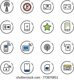 line vector icon set - antenna vector, no mobile sign, credit card, tap pay, payment, star, phone, notebook wi fi, power bank, wireless lock, sim, generator