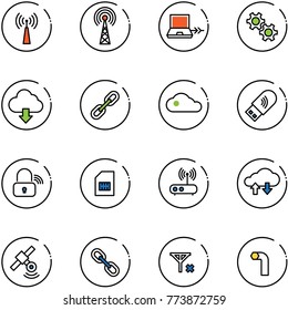 line vector icon set - antenna vector, netabook connect, gear, download cloud, link, usb wi fi, wireless lock, sim, router, exchange data, satellite, no signal, allen key