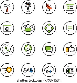 line vector icon set - antenna vector, satellite, website, browser globe, group, friends, chat, phone horn, man, dialog, finger up, first, information exchange, cloud data, radio