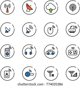 line vector icon set - antenna vector, satellite, upload cloud, mouse wireless, printer, music player, headphones, car, joystick, identity card, key, no signal, fine