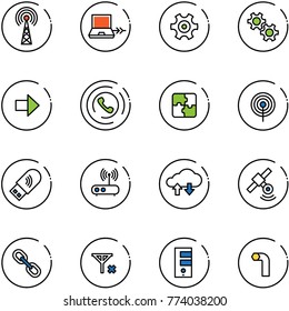 line vector icon set - antenna vector, netabook connect, gear, right arrow, phone horn, puzzle, usb wi fi, router, cloud exchange data, satellite, link, no signal, server, allen key