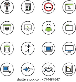 line vector icon set - antenna vector, calculator, no cart horse road sign, cursor browser, globe, monitor, user, folder, trash bin, bezier, game console, monoblock pc, connect, gamepad