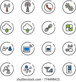 line vector icon set - antenna vector, phone, gear, download cloud, upload, link, puzzle, information exchange, notebook wi fi, sim, router, satellite, molecule, fine signal, server