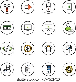 line vector icon set - antenna vector, right arrow, lock, mobile payment, cash, monitor cursor, user password, tag code, dollar, t shirt, wi fi router, trash bin, server, nut