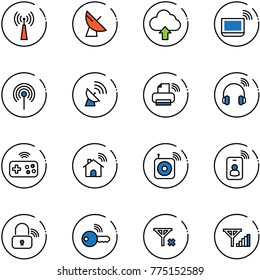 line vector icon set - antenna vector, satellite, upload cloud, notebook wi fi, printer wireless, headphones, joystick, home, speaker, identity card, lock, key, no signal, fine