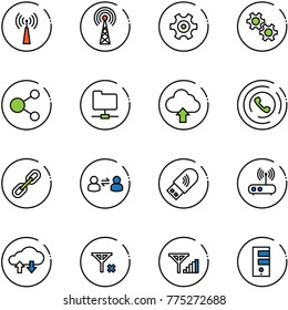 line vector icon set - antenna vector, gear, share, network folder, upload cloud, phone horn, link, information exchange, usb wi fi, router, data, no signal, fine, server