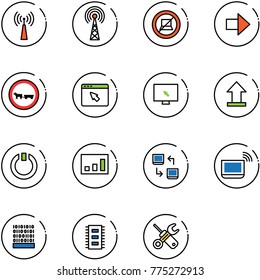 line vector icon set - antenna vector, no computer sign, right arrow, cart horse road, cursor browser, monitor, uplooad, standby, statistics, data exchange, notebook wi fi, binary code, chip
