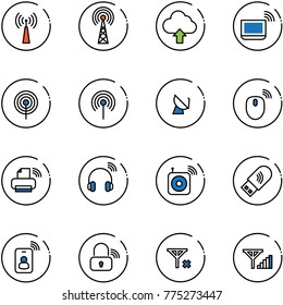 line vector icon set - antenna vector, upload cloud, notebook wi fi, satellite, mouse wireless, printer, headphones, speaker, usb, identity card, lock, no signal, fine