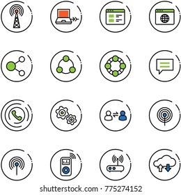 line vector icon set - antenna vector, netabook connect, website, browser globe, share, social, friends, chat, phone horn, gears, information exchange, music player, wi fi router, cloud data