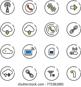 line vector icon set - antenna vector, phone, gear, right arrow, download cloud, upload, horn, link, notebook wi fi, sim, router, exchange data, no signal, allen key