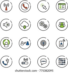 line vector icon set - antenna vector, phone, cursor, website, volume medium, download cloud, gears, group, man globe, information exchange, identity card, wi fi router, chat, circuit