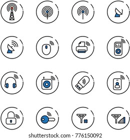 line vector icon set - antenna vector, satellite, mouse wireless, printer, music player, headphones, speaker, usb wi fi, identity card, lock, key, no signal, fine