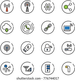 line vector icon set - antenna vector, gear, share, download cloud, phone horn, link, notebook wi fi, usb, wireless lock, router, molecule, fine signal, server, allen key