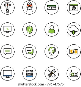 line vector icon set - antenna vector, train, cash, browser globe, monitor cursor, shield, user, download cloud, chat, money, binary code, wrench screwdriver, radio