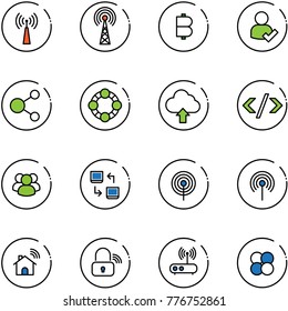 line vector icon set - antenna vector, bitcoin, user check, share, friends, upload cloud, tag code, group, data exchange, wireless home, lock, wi fi router, atom core