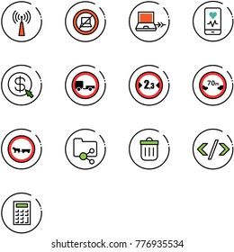 line vector icon set - antenna vector, no computer sign, netabook connect, mobile heart monitor, money click, trailer road, limited width, distance, cart horse, shared folder, trash bin, tag code