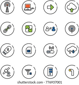 line vector icon set - antenna vector, netabook connect, right arrow, upload cloud, link, puzzle, information exchange, usb wi fi, sim, router, data, satellite, no signal, server, allen key