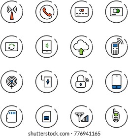line vector icon set - antenna vector, phone, credit card, exchange, mobile payment, upload cloud, power bank, wireless lock, micro flash, sim, fine signal, toy