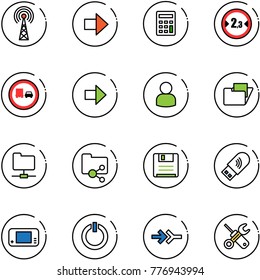 line vector icon set - antenna vector, right arrow, calculator, limited width road sign, no truck overtake, user, folder, network, shared, save, usb wi fi, game console, standby button, connect