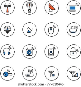 line vector icon set - antenna vector, satellite, notebook wi fi, mouse wireless, printer, headphones, speaker, identity card, lock, key, router, no signal, fine