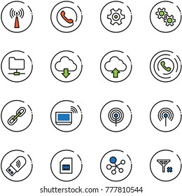 line vector icon set - antenna vector, phone, gear, network folder, download cloud, upload, horn, link, notebook wi fi, usb, sim, molecule, no signal