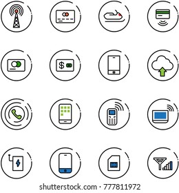 line vector icon set - antenna vector, credit card, snowmobile, tap pay, phone, upload cloud, horn, mobile, notebook wi fi, power bank, sim, fine signal