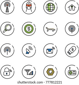 line vector icon set - antenna vector, train, globe, home, magnifier, dollar, lounger, satellite, wireless mail, usb wi fi, lock, fine signal, nut, radio