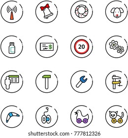 line vector icon set - antenna vector, bell, christmas wreath, dog, pills bottle, check, speed limit 20 road sign, gears, presentation, work, wrench, clamp, boomerang, yoyo, toy duck, cat