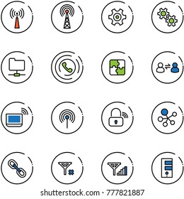 line vector icon set - antenna vector, gear, network folder, phone horn, puzzle, information exchange, notebook wi fi, wireless lock, molecule, link, no signal, fine, server