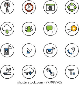 line vector icon set - antenna vector, no mobile sign, browser globe, friends, download cloud, group, dialog, first satellite, phone, wireless mail, wi fi router, exchange data, link, signal