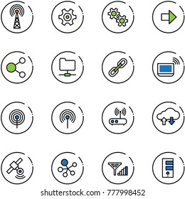 line vector icon set - antenna vector, gear, right arrow, share, network folder, link, notebook wi fi, router, cloud exchange data, satellite, molecule, fine signal, server