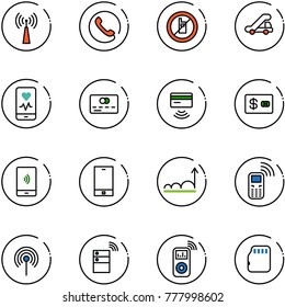 line vector icon set - antenna vector, phone, no mobile sign, trap truck, heart monitor, credit card, tap pay, payment, growth, server wireless, music player, micro flash