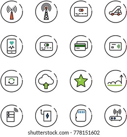 line vector icon set - antenna vector, credit card, trap truck, mobile heart monitor, tap pay, exchange, upload cloud, star, growth, server wireless, power bank, micro flash, wi fi router