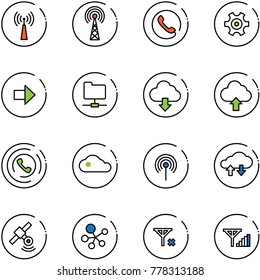 line vector icon set - antenna vector, phone, gear, right arrow, network folder, download cloud, upload, horn, exchange data, satellite, molecule, no signal, fine