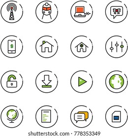 line vector icon set - antenna vector, train, netabook connect, bow message, mobile payment, home, settings, unlocked, download, play, globe, document, dialog, sim