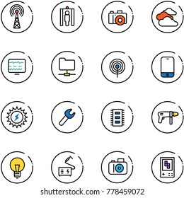 line vector icon set - antenna vector, metal detector gate, camera, clouds, diagnostic monitor, network folder, mobile phone, sun power, wrench, chip, drill machine, bulb, welding, game console