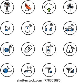 line vector icon set - antenna vector, satellite, upload cloud, mouse wireless, headphones, car, speaker, usb wi fi, identity card, lock, key, router, no signal, fine