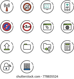 line vector icon set - antenna vector, no computer sign, diagnostic monitor, mobile heart, parkin odd, limited width road, cursor browser, globe, uplooad, folder, shared, calculator, wireless lock