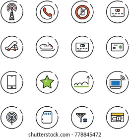 line vector icon set - antenna vector, phone, no mobile sign, credit card, trap truck, snowmobile, tap pay, star, growth, notebook wi fi, micro flash, signal, generator