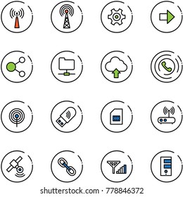line vector icon set - antenna vector, gear, right arrow, share, network folder, upload cloud, phone horn, usb wi fi, sim, router, satellite, link, fine signal, server