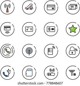 line vector icon set - antenna vector, trap truck, credit card, tap pay, star, phone horn, server wireless, lock, micro flash, wi fi router, no signal