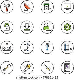 line vector icon set - antenna vector, satellite, atm, monitor cursor, unlocked, download, user password, gear, joystick wireless, bezier, laser, sun panel, wrench, Angular grinder, soldering iron