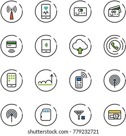 line vector icon set - antenna vector, mobile heart monitor, credit card, tap pay, payment, upload cloud, phone horn, growth, micro flash, no signal, generator