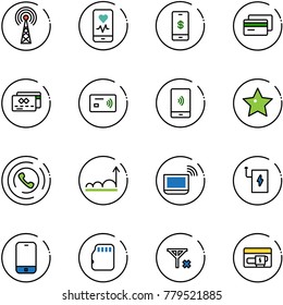 line vector icon set - antenna vector, mobile heart monitor, payment, credit card, tap pay, star, phone horn, growth, notebook wi fi, power bank, micro flash, no signal, generator